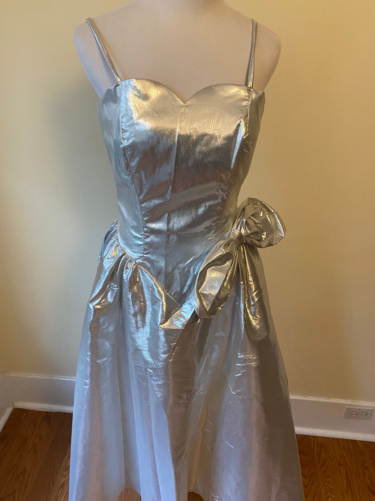 70's Silver Lamé Party Dress With Bow Detail XS to Etsy