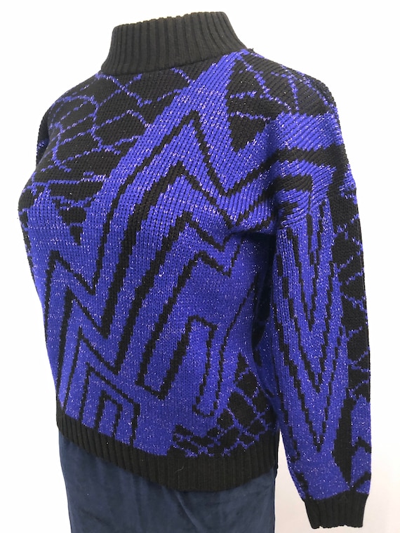 1980s Purple Metallic Geometric Abstract Knit Swe… - image 1