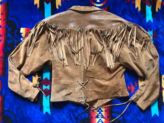 1980s Southwestern Leather Fringed Butt Rock Jack… - image 9