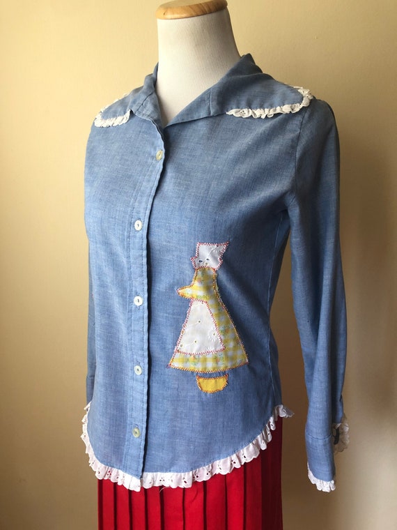 1960's Chambray Appliqué Button-Up by Yum Yum wit… - image 2