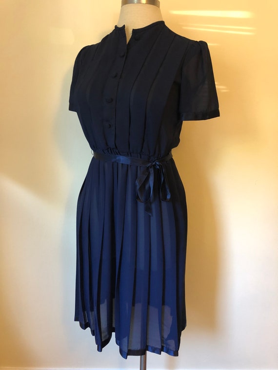 Navy Blue 70s-does-40s Pleated Cocktail Dress  || 