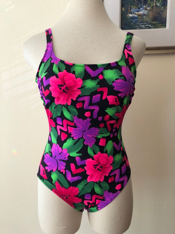 1980's Neon Floral Swimsuit || Size 14 || Made in
