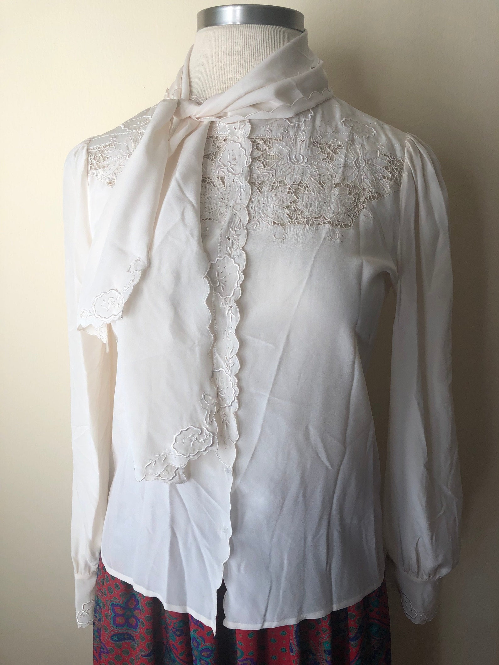 80s-does-50s Silk Secretary Blouse With Scarf Size 12 - Etsy