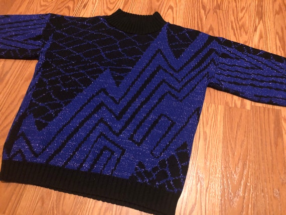 1980s Purple Metallic Geometric Abstract Knit Swe… - image 2