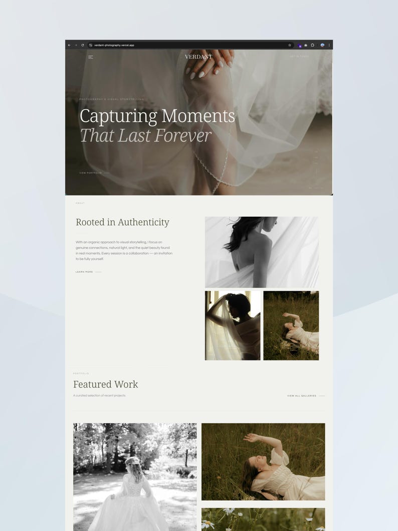 May include: A website design featuring the text "Capturing Moments That Last Forever" and images of a bride in a white dress. The website showcases photography work with a focus on natural light and authentic moments.