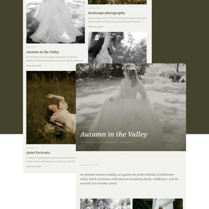 May include: A website design featuring the word "VERDANT" at the top. The design includes images of a wedding, with the text "Autumn in the Valley" and "Quiet Portraits". The website showcases landscape photography and wedding portraits.