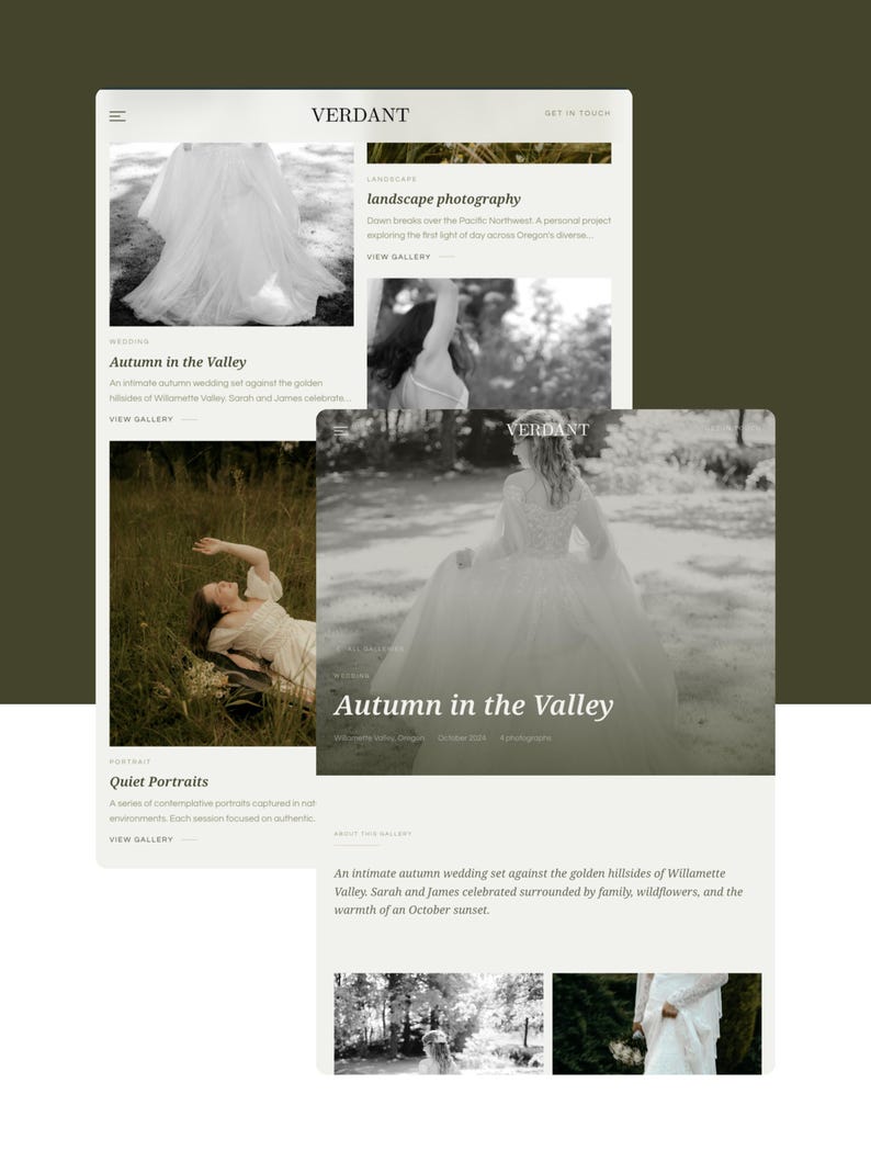 May include: A website design featuring the word "VERDANT" at the top. The design includes images of a wedding, with the text "Autumn in the Valley" and "Quiet Portraits". The website showcases landscape photography and wedding portraits.