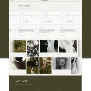 May include: A website design for Verdant, featuring a clean layout with a light background and dark green accents. The page includes the Verdant logo, client testimonials, and a gallery of photographs. The website's theme is focused on photography.