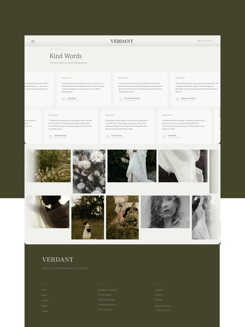 May include: A website design for Verdant, featuring a clean layout with a light background and dark green accents. The page includes the Verdant logo, client testimonials, and a gallery of photographs. The website's theme is focused on photography.