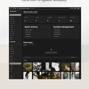 May include: Screenshot of a dark-themed CMS dashboard interface. The screen displays various content management options, including galleries, services, and media libraries. Text at the top reads, "Easily edit your content yourself and click Save to update instantly."