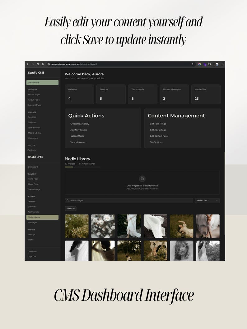May include: Screenshot of a dark-themed CMS dashboard interface. The screen displays various content management options, including galleries, services, and media libraries. Text at the top reads, "Easily edit your content yourself and click Save to update instantly."