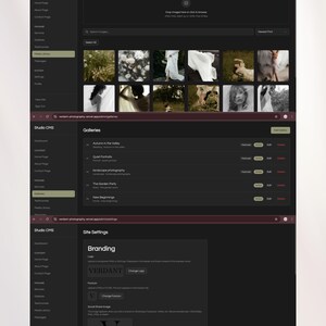 May include: Screenshot of a website interface with a dark theme. The interface displays a media library, galleries, and site settings. The branding section shows the logo "VERDANT" and a social share image. The interface is for a photography website.