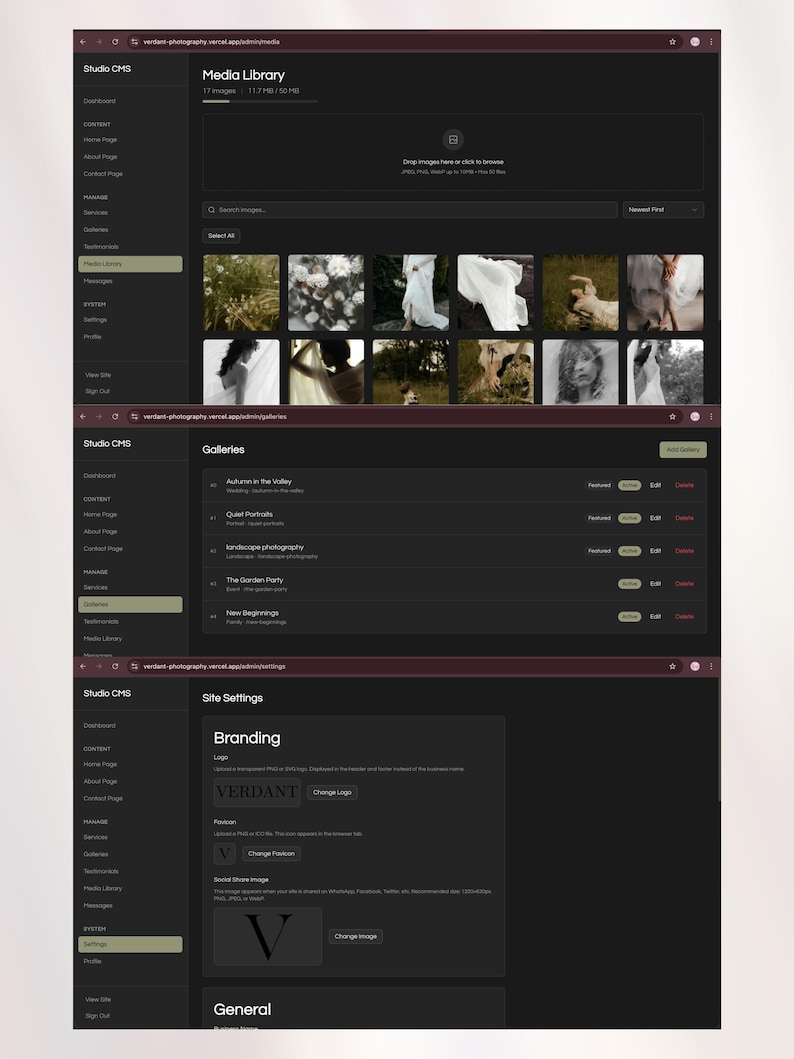 May include: Screenshot of a website interface with a dark theme. The interface displays a media library, galleries, and site settings. The branding section shows the logo "VERDANT" and a social share image. The interface is for a photography website.
