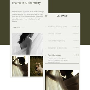 May include: Two website mockups with the word "VERDANT" at the top. The first mockup has the text "Rooted in Authenticity" and a description of the company's approach to photography. The second mockup lists photography services.