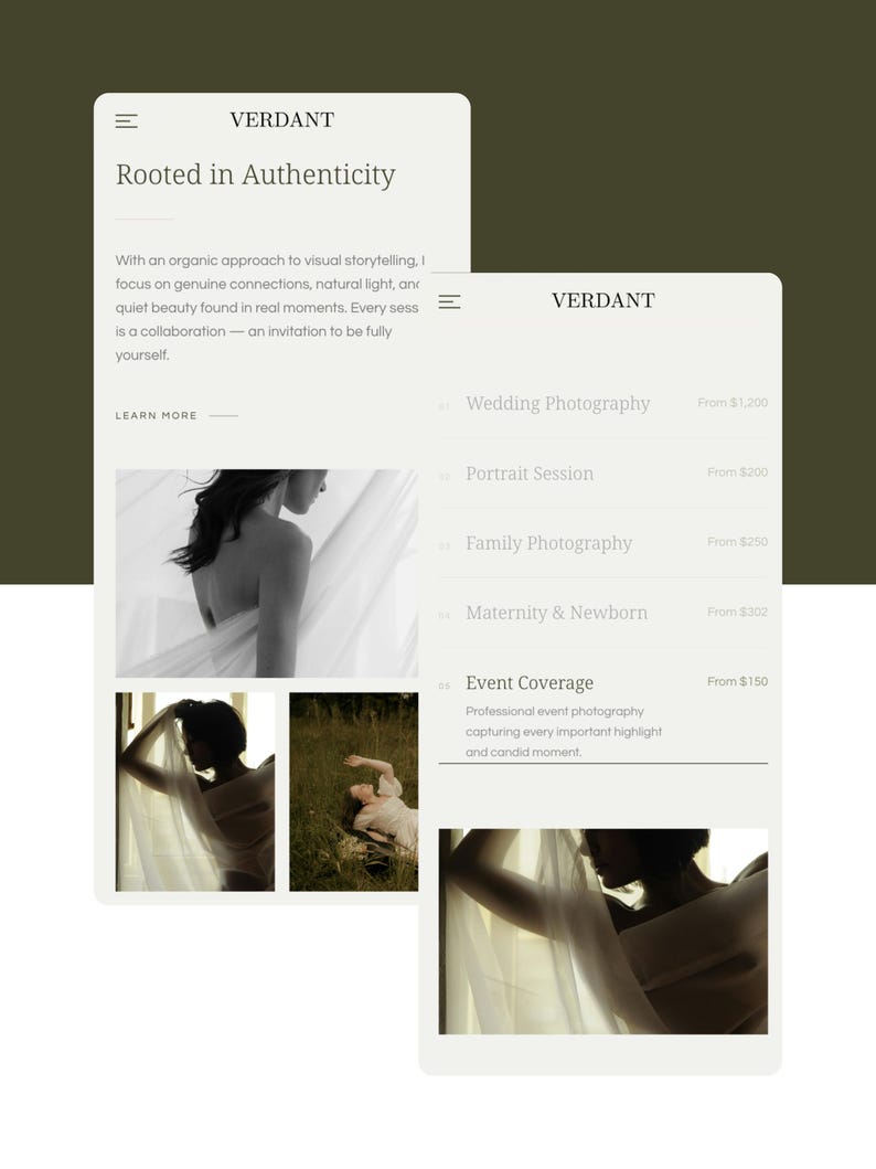 May include: Two website mockups with the word "VERDANT" at the top. The first mockup has the text "Rooted in Authenticity" and a description of the company's approach to photography. The second mockup lists photography services.