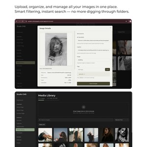 May include: A screenshot of a photo library interface, showcasing image organization features. The interface displays image details, including metadata and a caption field. Below, a media library grid shows various images, with options to upload, organize, and manage photos.