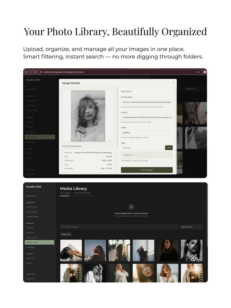 May include: A screenshot of a photo library interface, showcasing image organization features. The interface displays image details, including metadata and a caption field. Below, a media library grid shows various images, with options to upload, organize, and manage photos.