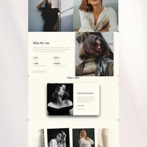 May include: A website design featuring a photography studio. The top section displays two images of a woman. The middle section includes text and statistics. The bottom section showcases portrait session information and additional images.