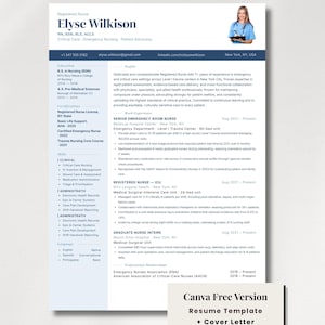 May include: A professional resume template with the name "Elyse Wilkison" and contact information. The resume highlights nursing experience, certifications, and skills. A Canva Free Version label is at the bottom.