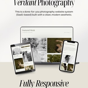 May include: A digital marketing image showcasing a photography website system on a laptop, tablet, and smartphone. The text reads "Verdant Photography" and "Fully Responsive". The website displays black and white photography.