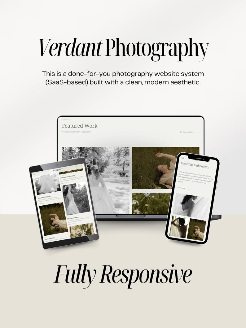 May include: A digital marketing image showcasing a photography website system on a laptop, tablet, and smartphone. The text reads "Verdant Photography" and "Fully Responsive". The website displays black and white photography.