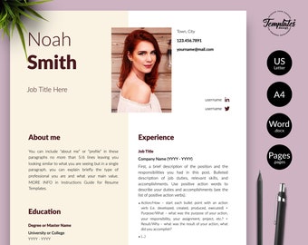 Creative Resume Template with Photo + Cover / Modern CV Template editable with Word & Pages / 1, 2, and 3 Page CV / Clean Resume for Female