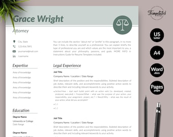 Legal Resume Template for Word & Pages / Professional Resume for Lawyer Jobs / Attorney Resume + Cover / Lawyer Curriculum Instant Download