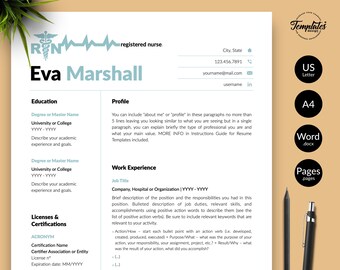 Nursing Resume Template For Word Registered Nurse Cv Resume Etsy