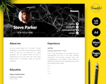 Creative Resume with Picture / Modern CV Template for Word & Pages / One, Two, and Three Page Resume / Masculine Resume CV + Cover Letter