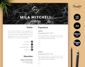 Modern & Professional Resume CV Template for Word and Pages / Marble CV Resume Design / 1, 2, and 3 Page Resume + Cover / Instant Download