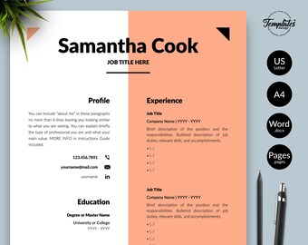 Female CV Resume Template + Cover Letter / Modern and Feminine Resume / Creative Resume Word / Simple & Clean Resume Instant Download