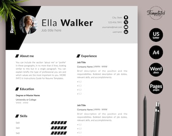 Puede incluir: Una plantilla de currículum vitae en blanco y negro con el nombre Ella Walker en la parte superior. El currículum incluye secciones para Acerca de mí, Experiencia, Educación, Habilidades e Idiomas.