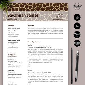 Zoologist Resume Template for Word & Pages / Animal Care CV for Veterinarian / Animal Curator CV / 1, 2, and 3 Pages Resume Instant Download