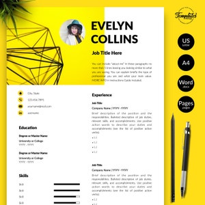 May include: A yellow and white resume template featuring the name "EVELYN COLLINS". The document includes sections for job title, experience, education, and skills. A photo of a person is in the top left corner. The template is designed for A4 paper.