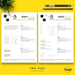 Puede incluir: Una plantilla de curr&iacute;culum de dos p&aacute;ginas con fondo amarillo y texto negro. La plantilla incluye secciones para "Acerca de m&iacute;", "Experiencia", "Educaci&oacute;n", "Experiencia", "Habilidades", "Premios" y "Idiomas". La plantilla est&aacute; dise&ntilde;ada para un buscador de empleo profesional.
