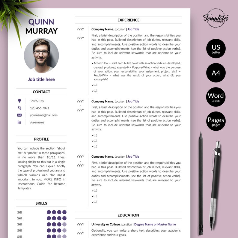 Modern Resume with Photo Cover / Perfect CV for Word and Pages / Best Professional Resume Template Etsy / 1, 2, and 3 Page Resume Design image 1