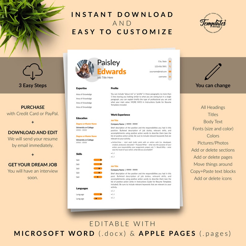 Modern Resume Template for Word & Pages / Clean and Basic CV Cover Letter References / 1, 2, and 3 Page Resume Design / Instant Download image 8