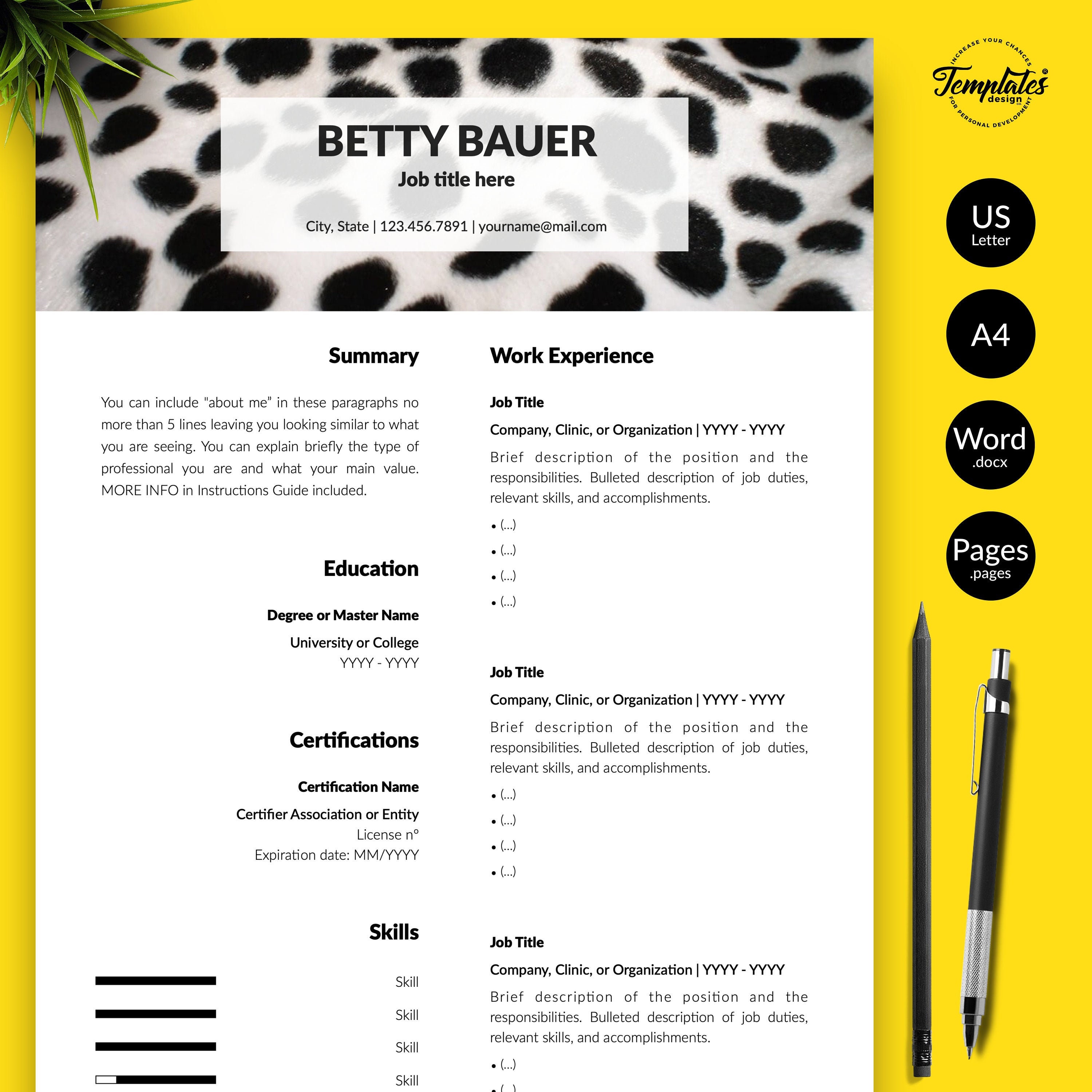 Pet Care Resume / Animal Care CV Template for Word & Pages / Etsy España