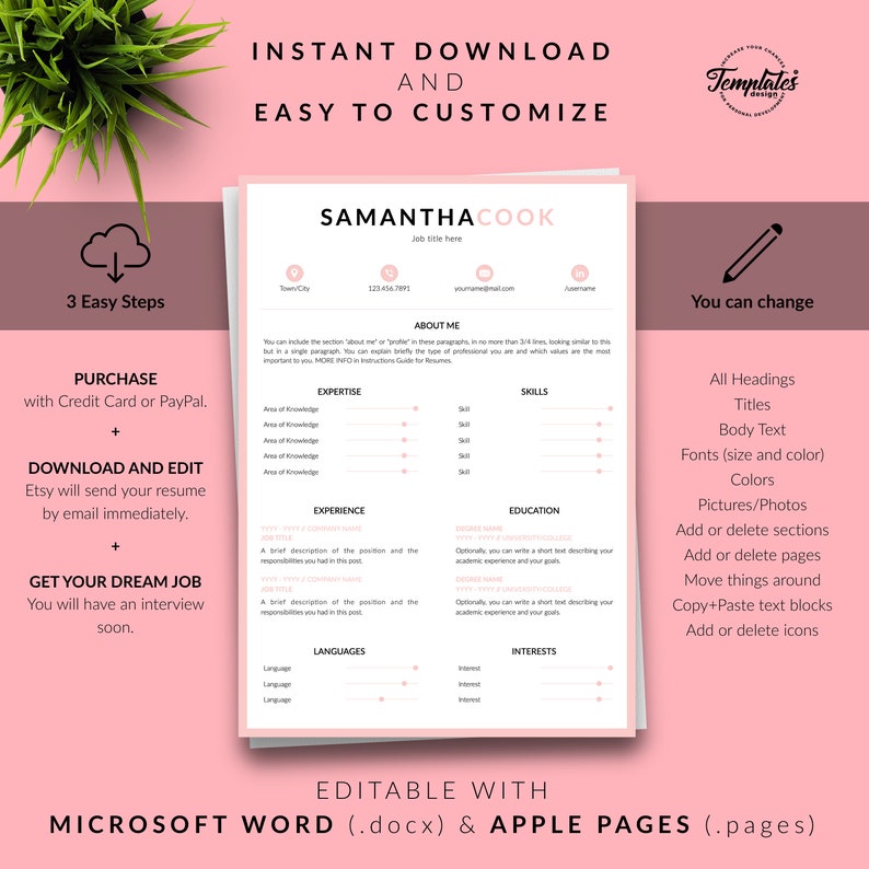 Cover Letter Modern And Feminine Resume Creative Resume Word Simple Clean Resume Instant Download Female Cv Resume Template Resume Templates Paper Party Supplies Delage Com Br