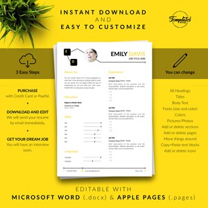Puede incluir: Una plantilla de curr&iacute;culum vitae amarilla y blanca con el texto "INSTANT DOWNLOAD AND EASY TO CUSTOMIZE" en la parte superior. La plantilla es editable con Microsoft Word y Apple Pages. La plantilla incluye secciones para "About Me", "Experience", "Education", "Skills" y "Languages".