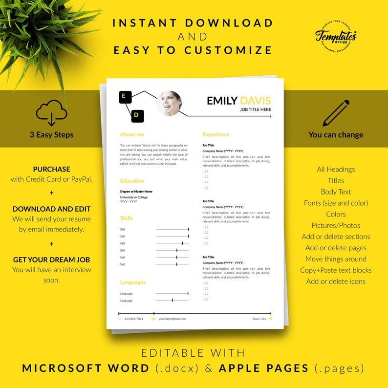 Puede incluir: Una plantilla de curr&iacute;culum vitae amarilla y blanca con el texto "INSTANT DOWNLOAD AND EASY TO CUSTOMIZE" en la parte superior. La plantilla es editable con Microsoft Word y Apple Pages. La plantilla incluye secciones para "About Me", "Experience", "Education", "Skills" y "Languages".