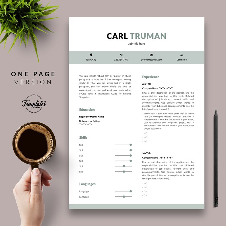 Elegant Resume Template for Microsoft Word & Apple Pages (downloadable ...
