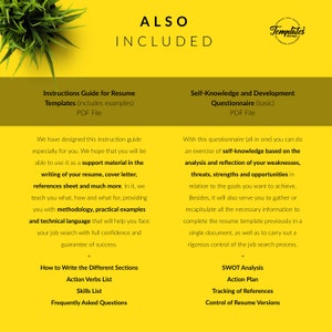 Puede incluir: Una infograf&iacute;a amarilla y verde con el texto "ALSO INCLUDED" en letras grandes, negritas y negras. La infograf&iacute;a enumera el contenido de una gu&iacute;a para escribir curr&iacute;culums, que incluye instrucciones, ejemplos, un cuestionario de autoconocimiento y un an&aacute;lisis DAFO.