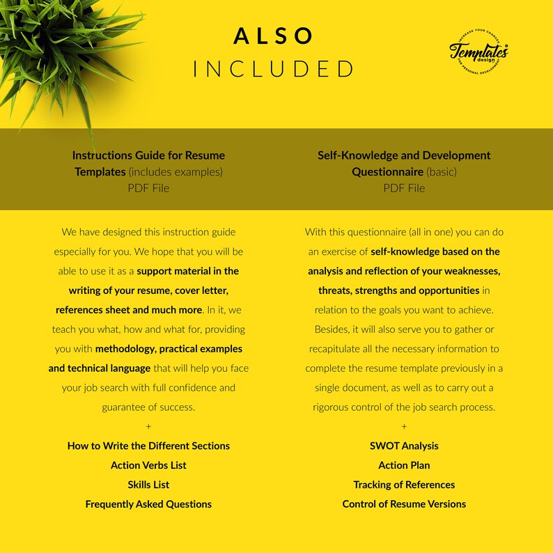 Puede incluir: Una infograf&iacute;a amarilla y verde con el texto "ALSO INCLUDED" en letras grandes, negritas y negras. La infograf&iacute;a enumera el contenido de una gu&iacute;a para escribir curr&iacute;culums, que incluye instrucciones, ejemplos, un cuestionario de autoconocimiento y un an&aacute;lisis DAFO.