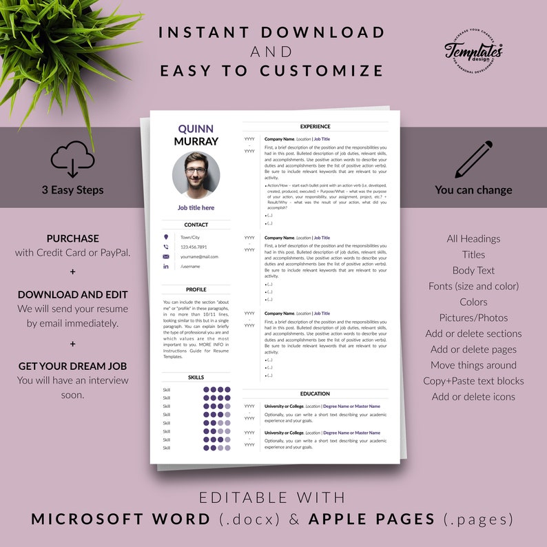 Modern Resume with Photo Cover / Perfect CV for Word and Pages / Best Professional Resume Template Etsy / 1, 2, and 3 Page Resume Design image 8