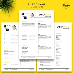 Puede incluir: Una plantilla de curr&iacute;culum de tres p&aacute;ginas con un fondo amarillo. La plantilla incluye secciones para habilidades, premios, idiomas, experiencia, educaci&oacute;n y experiencia laboral. El curr&iacute;culum es para Emily Davis, que est&aacute; solicitando un puesto.
