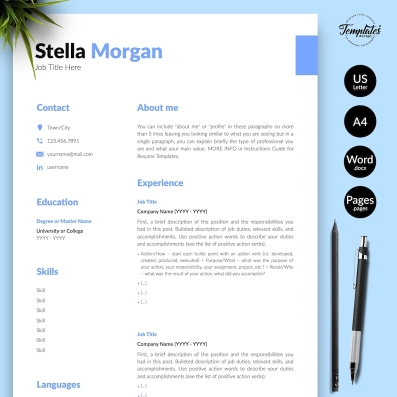 Best Modern & Simple Resume Template for Word / CV Template Word and Pages with Cover / One, Two, and Three Page Resume / Digital Download image 1