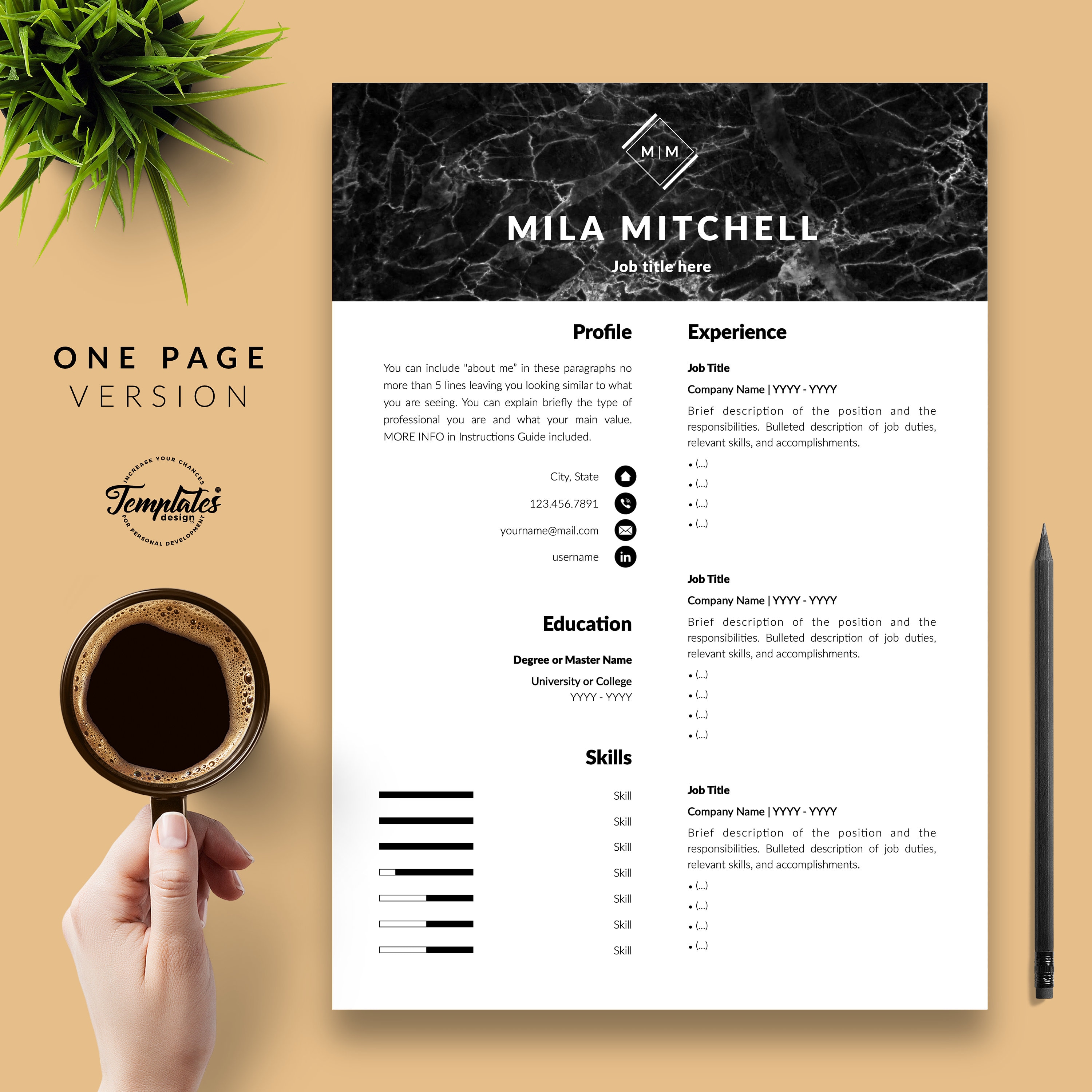 Modern & Professional Resume CV Template for Word and Pages / Marble CV ...