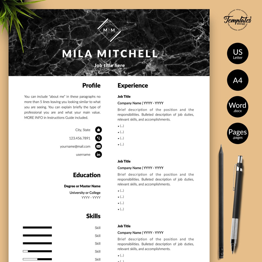 Modern & Professional Resume CV Template for Word and Pages / Marble CV ...