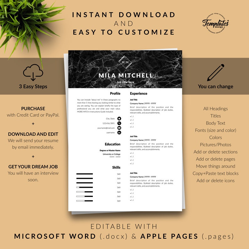 Modern & Professional Resume CV Template for Word and Pages / | Etsy